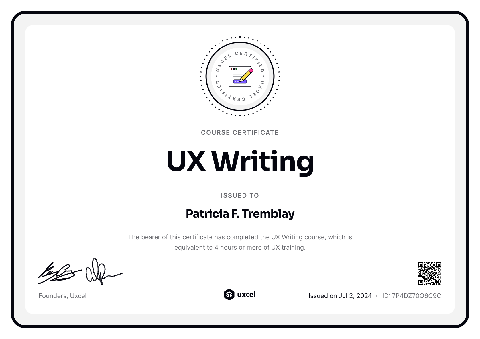 Patricia F. Tremblay's certificate